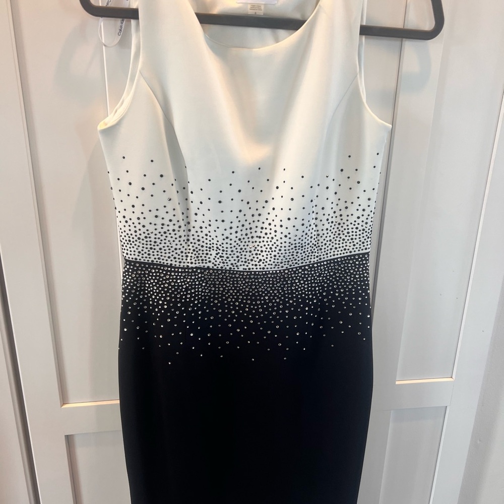 Size-6 worn once Calvin Klein Black and White Rhinestone Sleeveless Dress